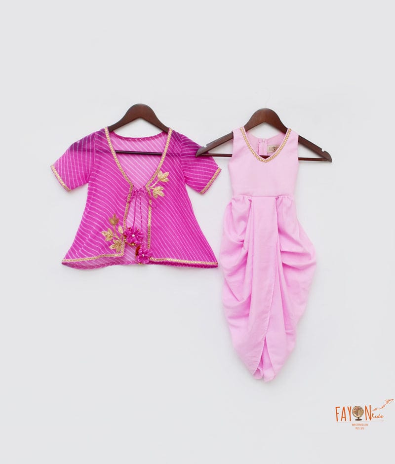 Fayon Kids Pink Silk Pink Georgette Jacket Dhoti Set for Girls
