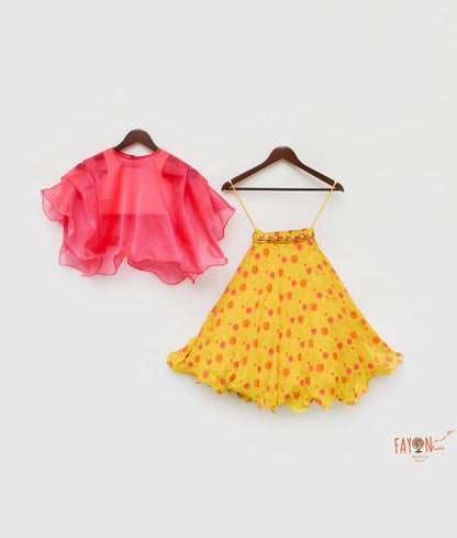 Fayon Kids Pink Silk Yellow Georgette Printed Lehenga with Choli Organza Cape for Girls
