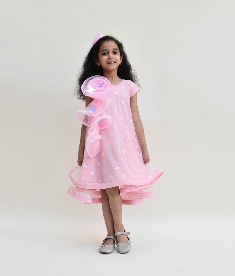 Fayon Kids Pink Star Net High Low Dress for Girls