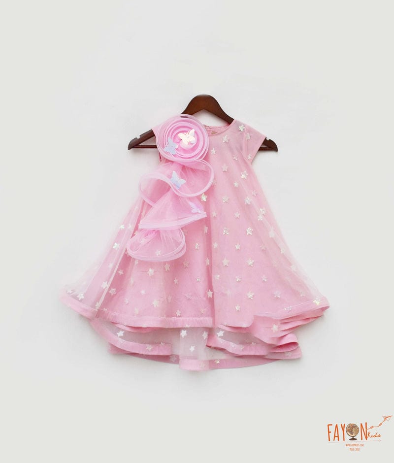 Fayon Kids Pink Star Net High Low Dress for Girls