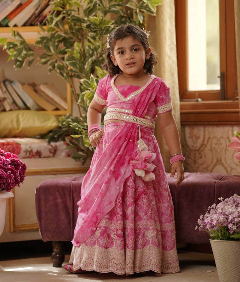 Fayon Kids Pink Tie and Dye Lehenga Choli and Dupatta for Girls