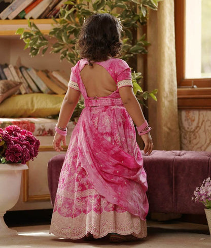 Fayon Kids Pink Tie and Dye Lehenga Choli and Dupatta for Girls