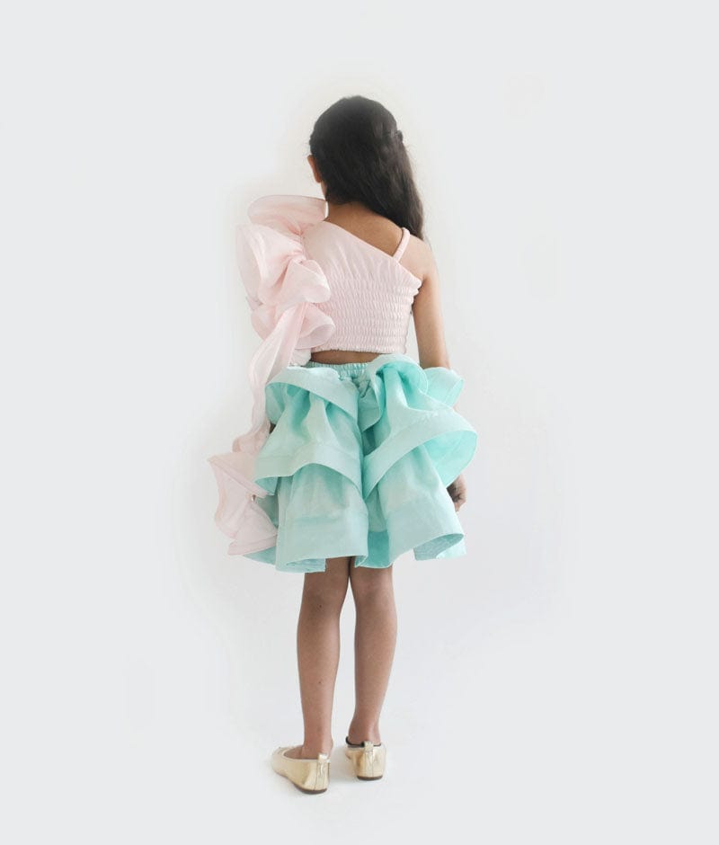 Fayon Kids Pink Top and Aqua Blue Layers Skirt for Girls