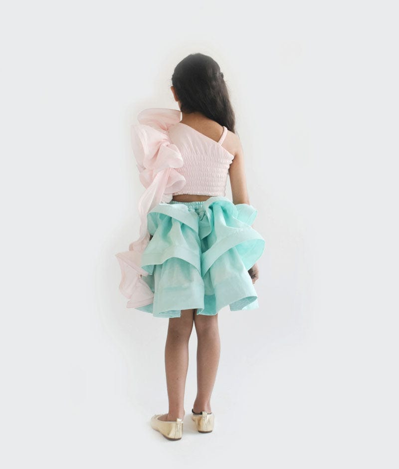 Pink Top and Aqua Blue Layers Skirt for Girls