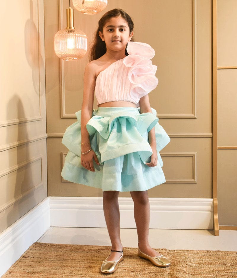 Fayon Kids Pink Top and Aqua Blue Layers Skirt for Girls