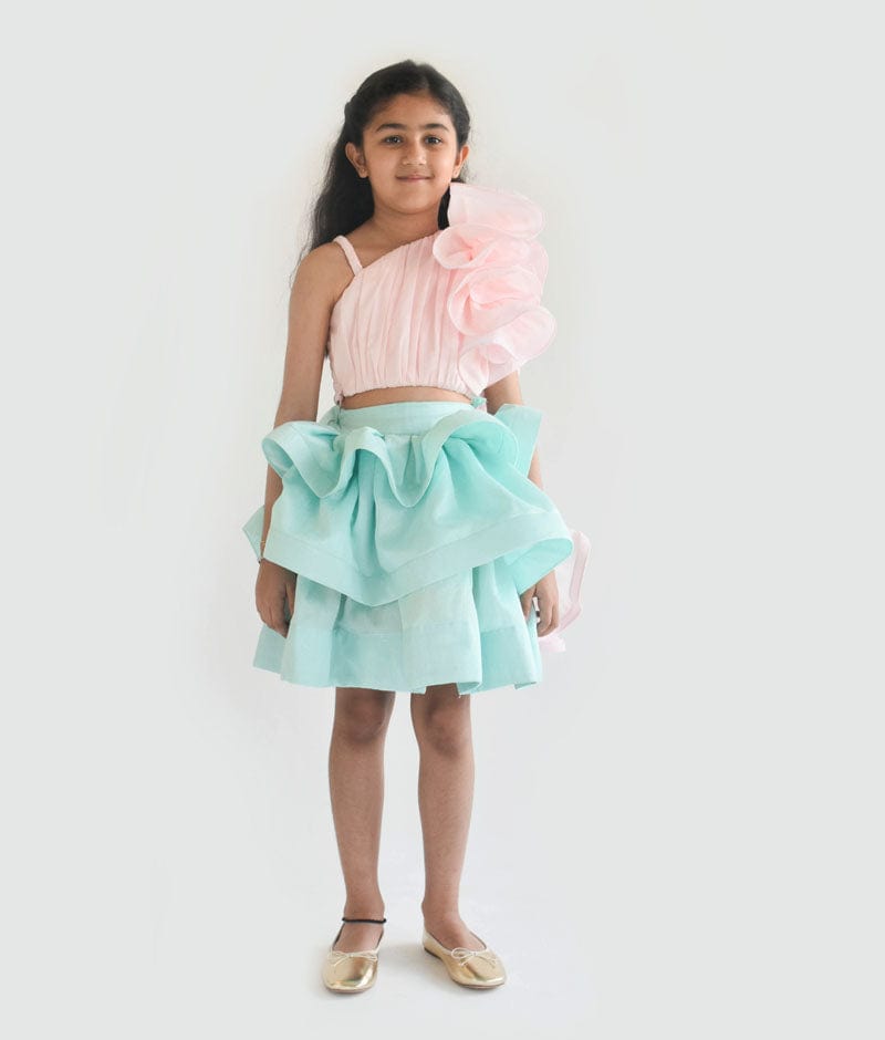 Pink Top and Aqua Blue Layers Skirt for Girls
