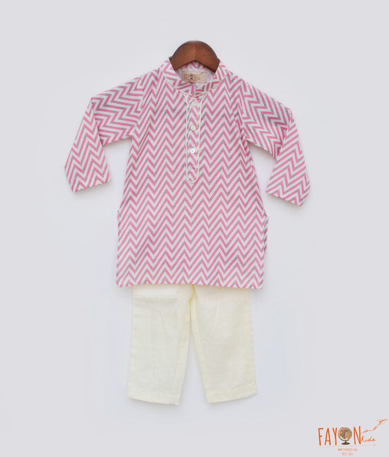 Pink Zig Zag Kurta and Off White Pant for Boys