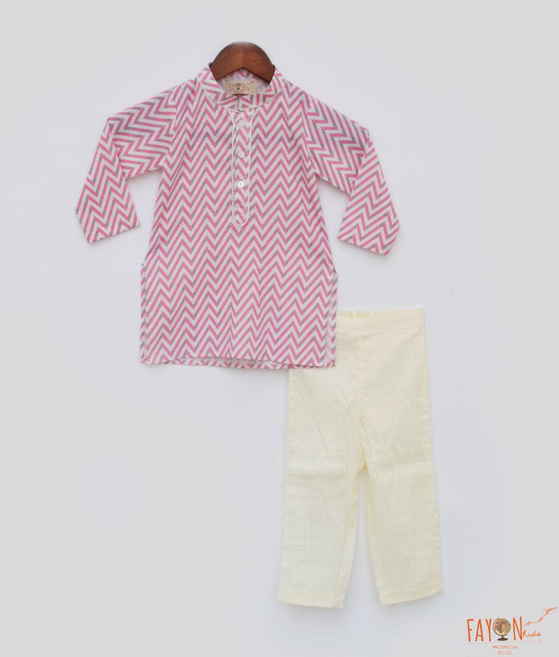 Fayon Kids Pink Zig Zag Kurta and Off White Pant for Boys