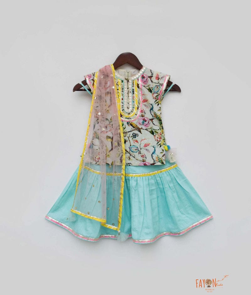 Pista Green Blue Printed Sharara with Kurti Boti Net Dupatta for Girls