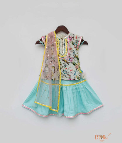 Pista Green Blue Printed Sharara with Kurti Boti Net Dupatta for Girls