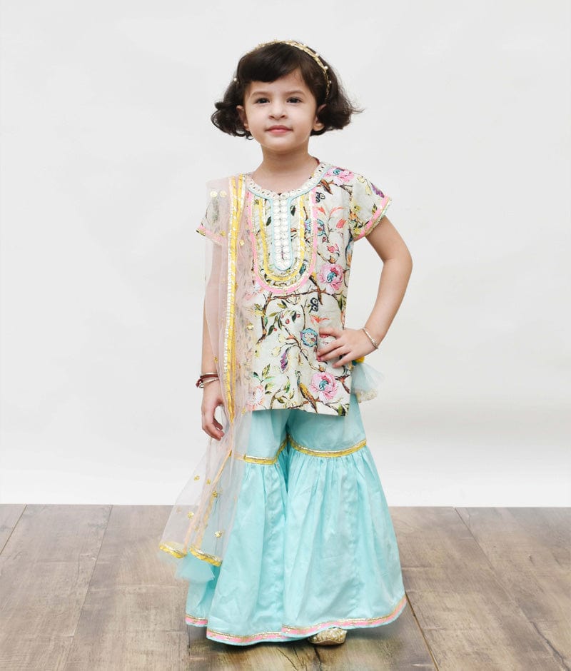 Fayon Kids Pista Green Blue Printed Sharara with Kurti Boti Net Dupatta for Girls