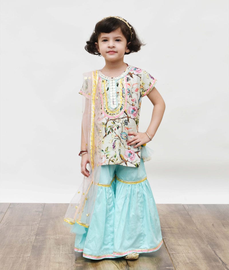 Pista Green Blue Printed Sharara with Kurti Boti Net Dupatta for Girls