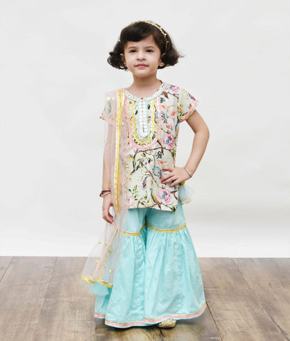 Fayon Kids Pista Green Blue Printed Sharara with Kurti Boti Net Dupatta for Girls