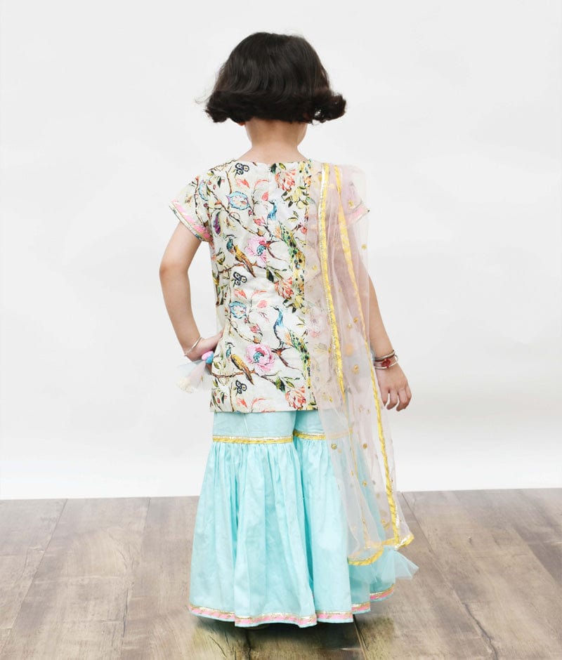 Fayon Kids Pista Green Blue Printed Sharara with Kurti Boti Net Dupatta for Girls