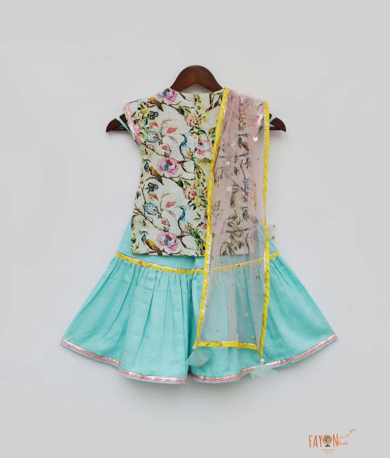 Pista Green Blue Printed Sharara with Kurti Boti Net Dupatta for Girls