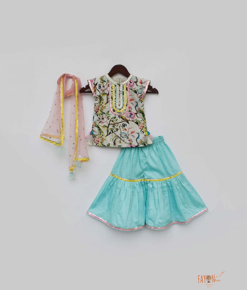 Pista Green Blue Printed Sharara with Kurti Boti Net Dupatta for Girls