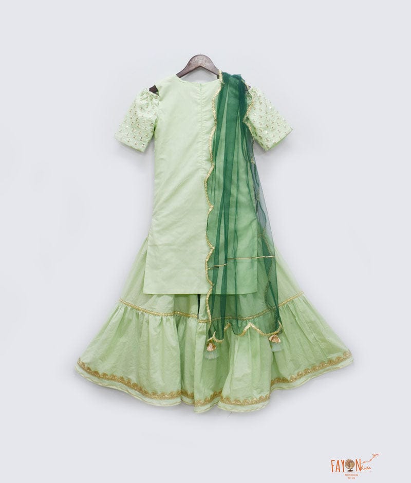 Fayon Kids Pista Green Boti Sharara with Kurti Net Dupatta for Girls