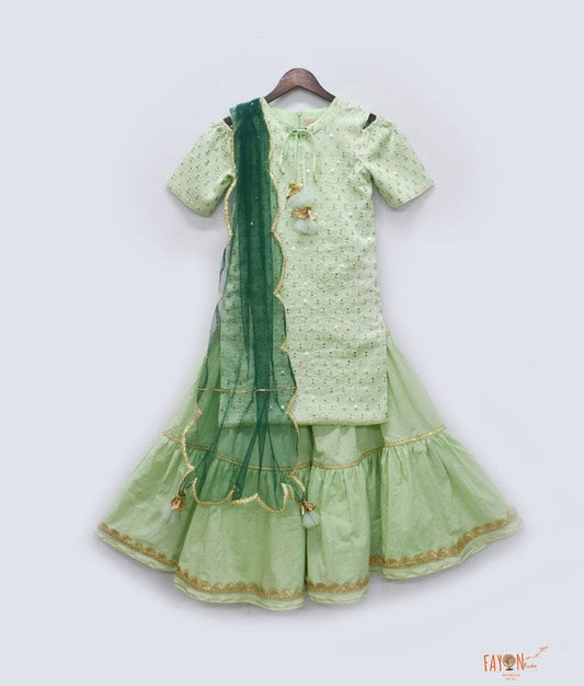 Fayon Kids Pista Green Boti Sharara with Kurti Net Dupatta for Girls