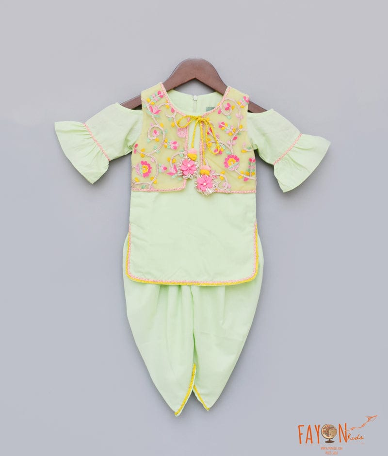 Pista Green Cotton Dhoti Set with Embroidery Jacket for Girls