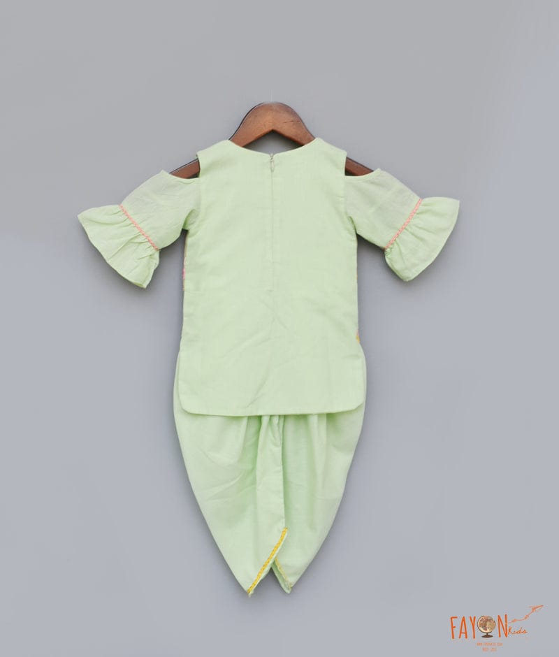 Pista Green Cotton Dhoti Set with Embroidery Jacket for Girls