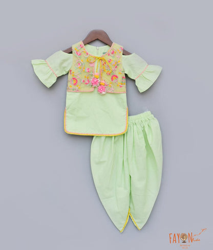 Fayon Kids Pista Green Cotton Dhoti Set with Embroidery Jacket for Girls