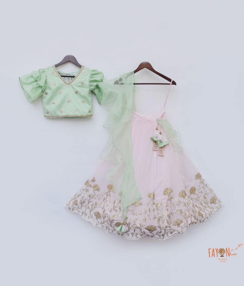 Fayon Kids Pista Green Cotton Silk Pink Gota Embroidery Lehenga with Choli Organza Dupatta for Girls