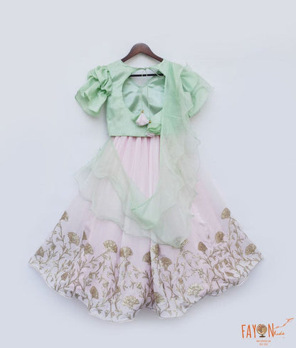 Fayon Kids Pista Green Cotton Silk Pink Gota Embroidery Lehenga with Choli Organza Dupatta for Girls
