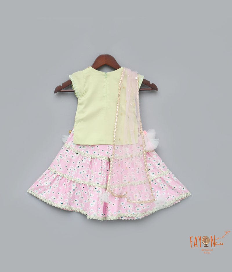 Pista Green Cotton Silk Pink Printed Sharara with Kurti Boti Net Dupatta for Girls