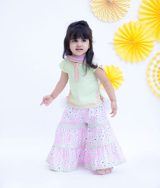 Fayon Kids Pista Green Cotton Silk Pink Printed Sharara with Kurti Boti Net Dupatta for Girls
