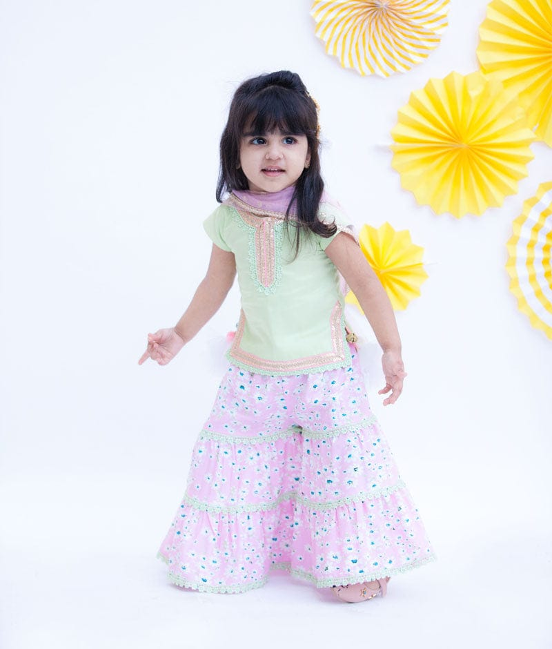 Pista Green Cotton Silk Pink Printed Sharara with Kurti Boti Net Dupatta for Girls