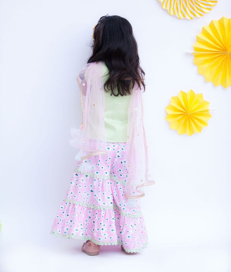 Fayon Kids Pista Green Cotton Silk Pink Printed Sharara with Kurti Boti Net Dupatta for Girls