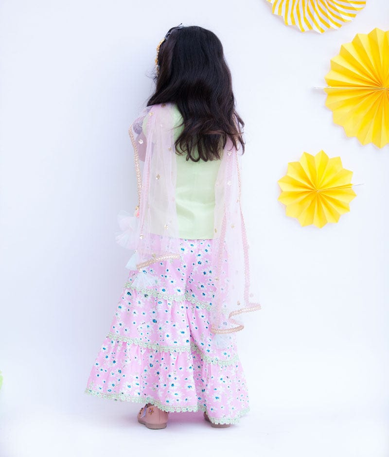 Pista Green Cotton Silk Pink Printed Sharara with Kurti Boti Net Dupatta for Girls