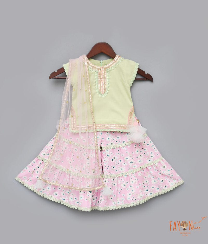 Pista Green Cotton Silk Pink Printed Sharara with Kurti Boti Net Dupatta for Girls