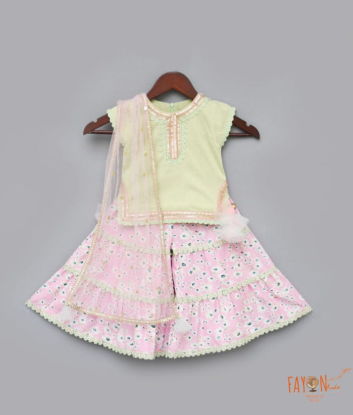 Pista Green Cotton Silk Pink Printed Sharara with Kurti Boti Net Dupatta for Girls