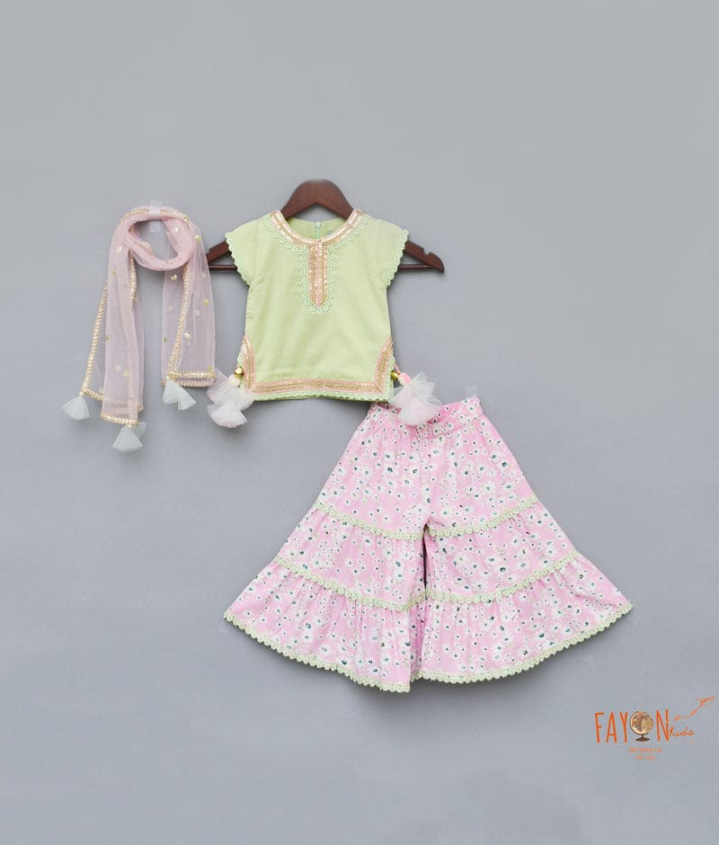 Fayon Kids Pista Green Cotton Silk Pink Printed Sharara with Kurti Boti Net Dupatta for Girls