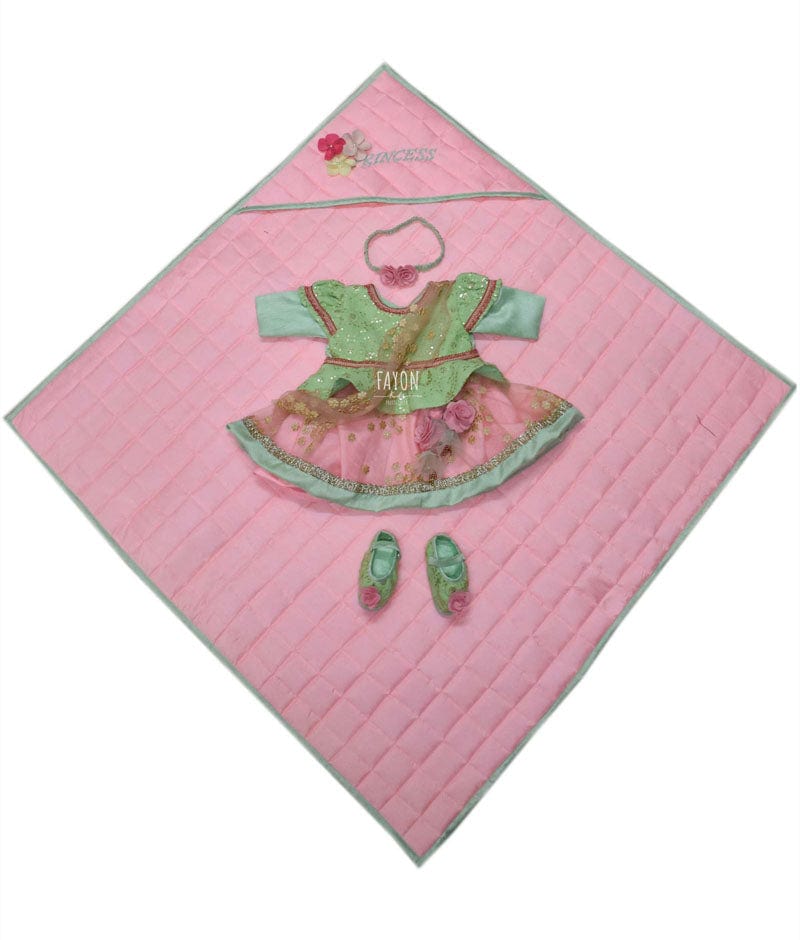 Fayon Kids Pista Green Embroidery Choli Pink Foil Printed Lehenga Jamna Set for Girls