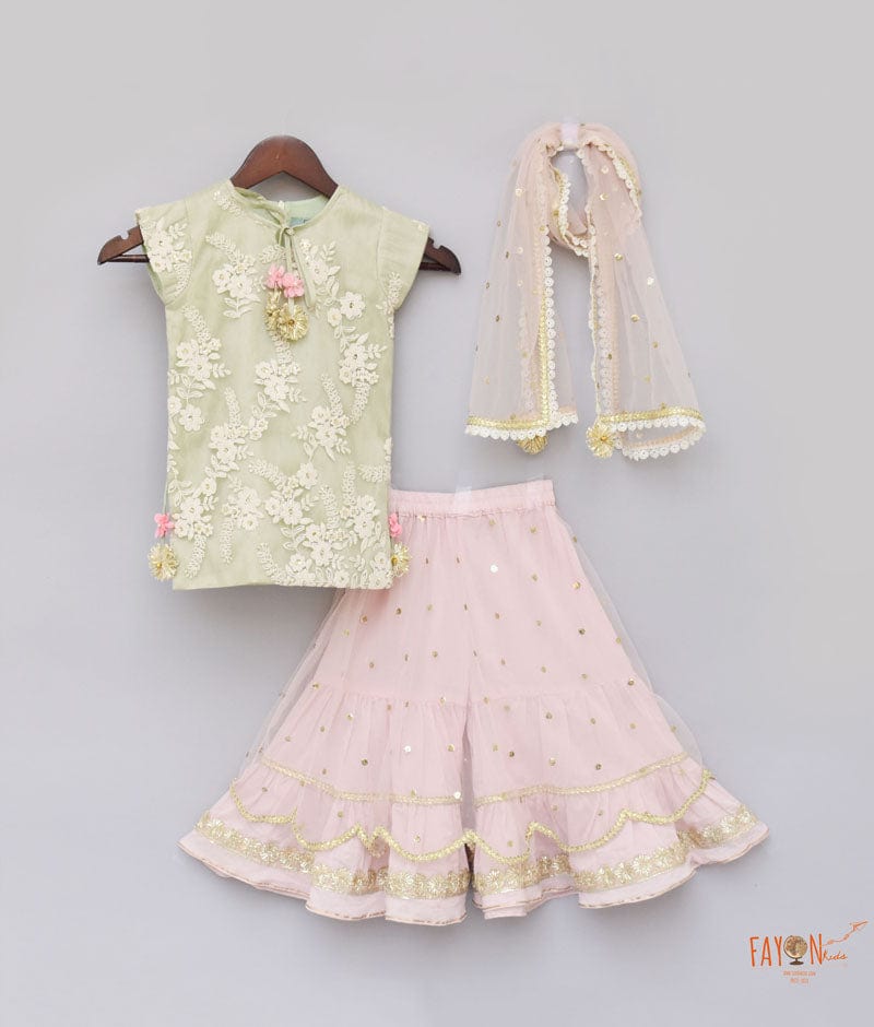 Fayon Kids Pista Green Embroidery Pink Boti Net Sharara with Kurti Boti Net Dupatta for Girls