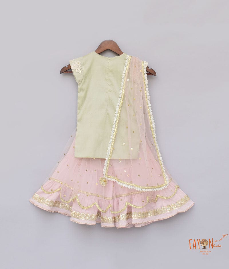 Fayon Kids Pista Green Embroidery Pink Boti Net Sharara with Kurti Boti Net Dupatta for Girls