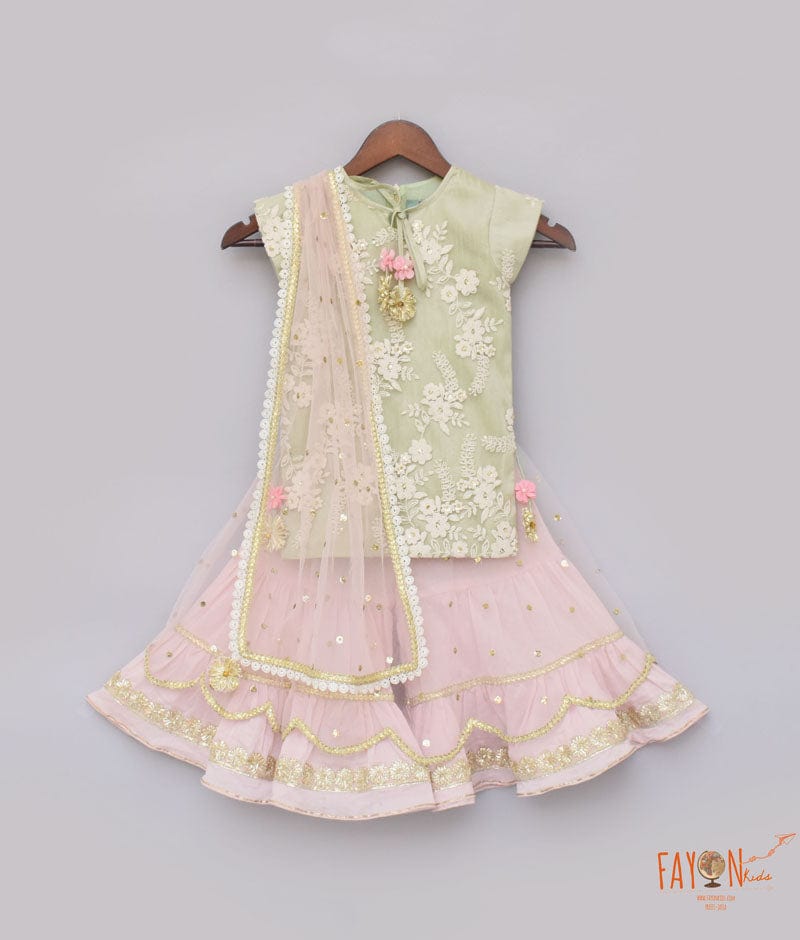 Pista Green Embroidery Pink Boti Net Sharara with Kurti Boti Net Dupatta for Girls