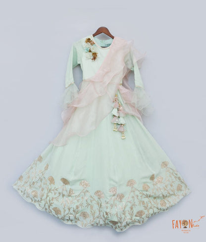 Pista Green Gota Anarkali with Organza Dupatta for Girls