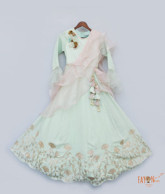 Pista Green Gota Anarkali with Organza Dupatta for Girls
