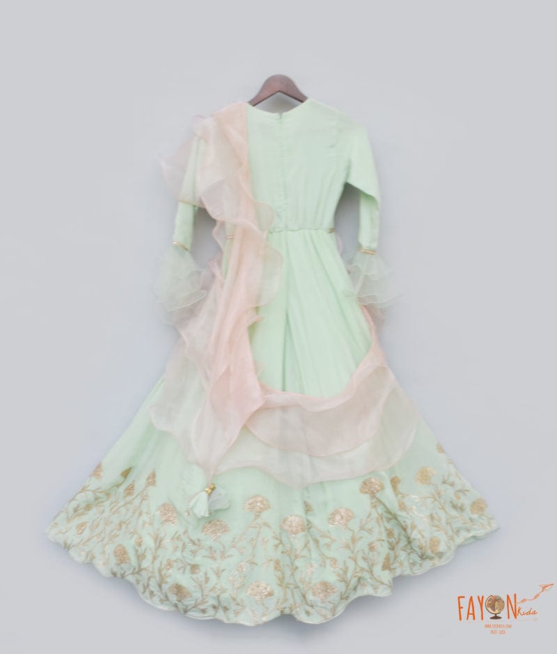 Pista Green Gota Anarkali with Organza Dupatta for Girls