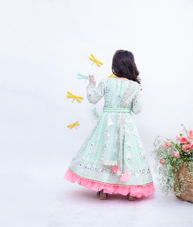 Fayon Kids Pista Green Gota Embroidery Anarkali with Boti Net Dupatta for Girls