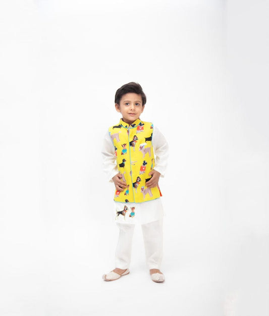 Fayon Kids Printed Nehru Jacket with Off white Kurta Pant for Boys