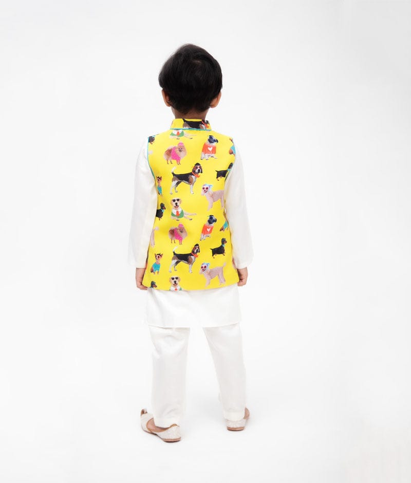 Printed Nehru Jacket with Off white Kurta Pant for Boys