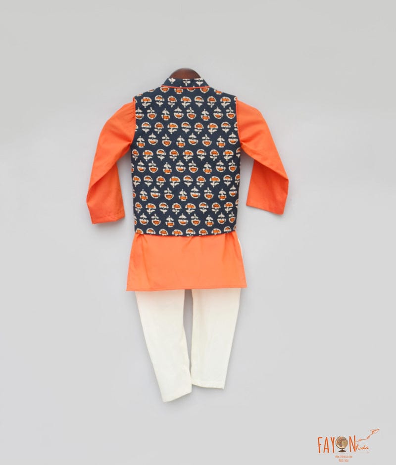 Fayon Kids Printed Nehru Jacket with Orange Kurta Chudidar for Boys