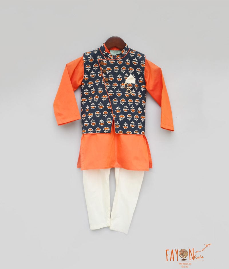 Fayon Kids Printed Nehru Jacket with Orange Kurta Chudidar for Boys