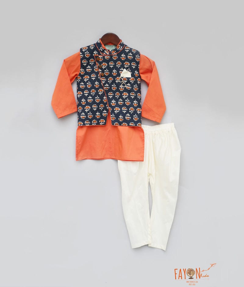Printed Nehru Jacket with Orange Kurta Chudidar for Boys