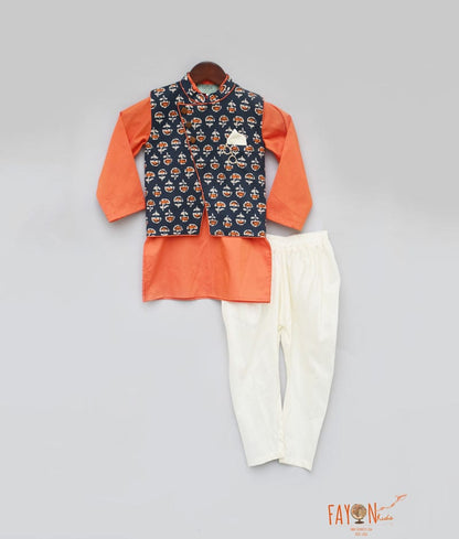 Fayon Kids Printed Nehru Jacket with Orange Kurta Chudidar for Boys