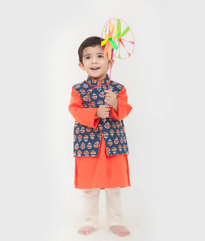 Printed Nehru Jacket with Orange Kurta Chudidar for Boys